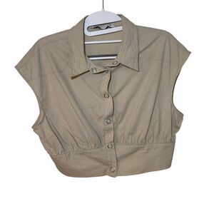 Zara Womens Tan Cropped Snap Button Top M Utility Minimalist Safari Chic Travel